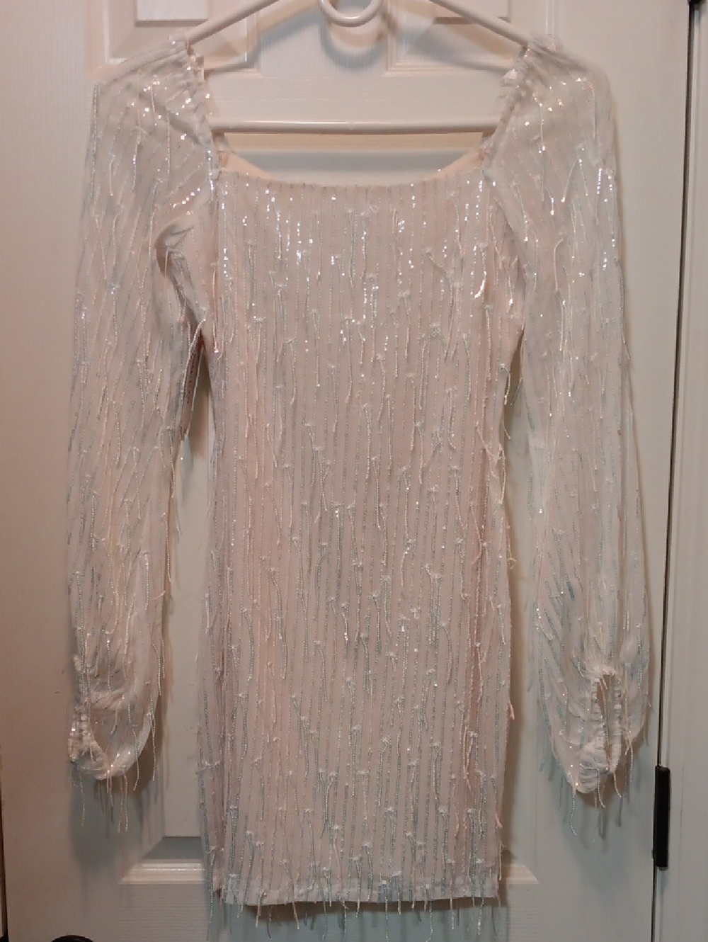 Xtraordinary White Beaded Long-Sleeve Dress Semiformal